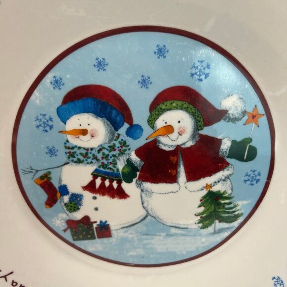 Winter Dinner Plate White Round Happy Holidays Snowflakes Snowman Couple Dish - Picture 2 of 12